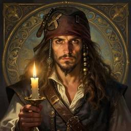 a mind - blowing portrait of a fortune seeker male, holding a candle, wearing a classic sleeping cap, pirate clothes, intelligent, deep focus, d & d, fantasy, intricate, elegant, highly detailed, digital painting, artstation, concept art, matte, sharp, illustration, hearthstone, art by artgerm and greg rutkowski and alphonse mucha