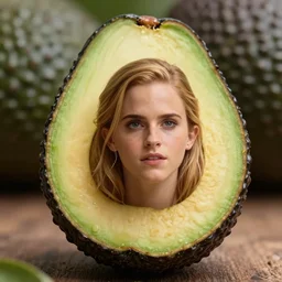 photo of emma watson trapped inside an avocado, very detailed, very realistic, volumetric lighting, dof