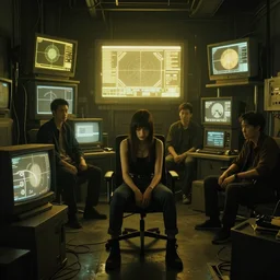 a dimly lit room with a cyberpunk girl sat in the middle. a wall of televisions and computer screens. eerie yellow glow. oscilloscope. cyberpunk vibes. sci - fi. zack snyder. tooth wu and wlop and beeple and greg rutkowski and peter gric and victo ngai.