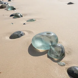 glass boulders on a sandy coastline