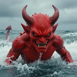 a devilish red monster with horns emerging from boiling rough seas, close - up portrait photo by david lachapelle, masterpiece, trending on flickr s - 3 0