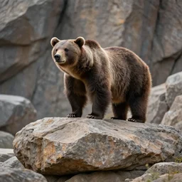 a high quality photo of a prehistoric bear standing on a giant rock. award - winning photography. the rocks were constructed by antoine de saint - exuper