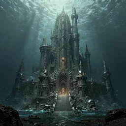 post apocalyptic futuristic landscape of a giant underwater underwater castle, intricate art, low contrast, hdr, ultra detailed, panoramic photo, by sergey vasnev, artstation