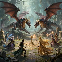 epic battle between dragon against the queen of the elves on the ancient ruins at a magical forest, fantasy. intricate, amazing composition, colorful watercolor, by ruan jia, by maxfield parrish, by marc simonetti, by hikari shimoda, by robert hubert, by zhang kechun, illustration, gloomy
