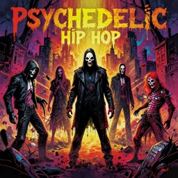 psychedelic hip hop album with a horror aesthetic. Slasher murderers prowling for victims. Splattering of color and paint and ink everywhere. Hell scape background with bombed cities. Painted by H R Giger and Frank Frazetta. Character designs by CAPCOM.