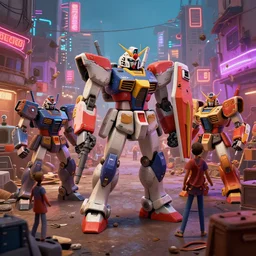 photo of mecha robots in a bustling neon lit ajegunle slum in nigeria, unreal engine 3 d vfx render, photo by vivian maier, illustration style by mike winkelmann, digital illustration, sharp, intricate detail, volumetric light, ray tracing, soft light, colourful, claymation, wide angle, acrylic, cinestill 8 0 0 t,