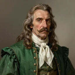 an old french baron, long hair, wear an elegant mustach, white scarf, green shirt by artgem, digital art, highly detailled