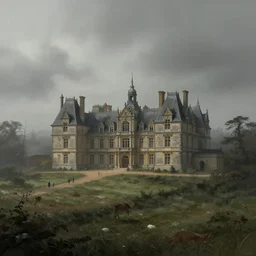 matte painting of a countryside landscape of a noble estate with 1 9 th century manor. gloomy, fog, elaborate, detailed digital art trending in artstation