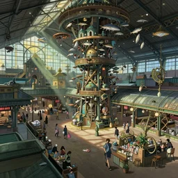 fish market in london, natural lighting, wide angle, intricate details, fantasy atmosphere, matte painting, illustration, by hayao miyazaki