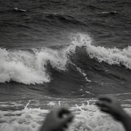 dark ocean, towering waves, grey - scale, highly turbulent, deep focus, no sky, elevation view, hidden hands and faces