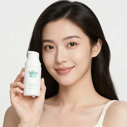 “Woman advertising a skincare product named ‘Elation’ with a three-leaf clover logo, smart, beautiful, realistic, magnificent”