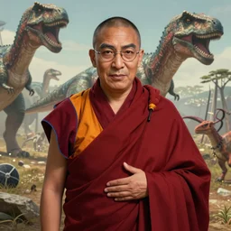 a hyper real comic book style portait painting of the dalai lama in the stone age with dinosaurs, unreal 5, hyperrealistic, octane render, cosplay, rpg portrait, dynamic lighting