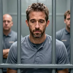 photo of Ryan Reynolds in jail, looking sad, highly detailed, high quality, HD, 4k, 8k, Canon 300mm, professional photographer, 40mp, lifelike, top-rated, award winning, realistic, sharp, no blur, edited, corrected, trending