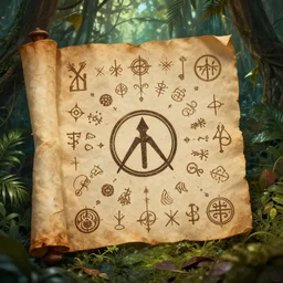 magical medieval scroll containing myriad symbols and sigils and one a single punisher emblem. background jungle