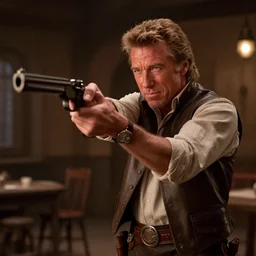 film still of clint eastwood as blondie, aiming a colt in a tavern scene in new star wars movie 4 k