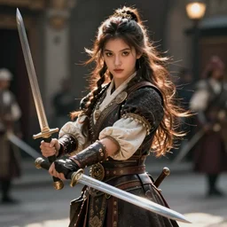 detailed ultrarealistic photography of experienced heroic street baroque rogue girl, dualwielder swords, cinematic, full shot