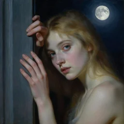 girl under moonlight by auguste toulmouche and vittorio reggianini, dark lighting, perfectly detailed eyes, beautiful hands, pale skin, blonde hair, leaning on door, dreamy mood to the painting - n 6
