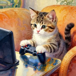 a beautifull intricate watercolour painting of a cute kitten playing video games on a couch, cinematic frame, reflexions, verry high details by william turner art, greg rutkowski and alphonse mucha, trending on artstation, very very detailed, masterpiece, vibrant colors