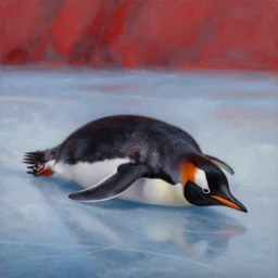 a penguin sliding on the ice floe, red lighting, oil painting, art by ruan jia