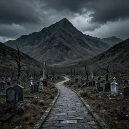 wide angle image, hellish abandoned background landscape, massive mountains, winding stone path leading to a cemetery gravesite, dead trees, stormy sky, horror, unsettling, by gaston bussiere, craig mullins, j. c. ley