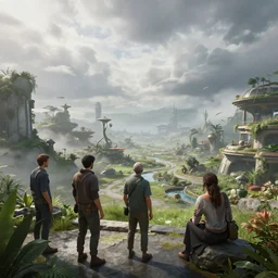 oppressive windswept vista overlooking distant futuristic idyllic garden area. jasmin habezai - fekri, anton fadeev, tony zhou shuo, greg rutkowski, unreal engine 5