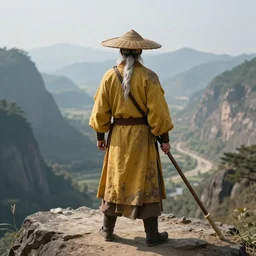 a single chinese battle monk, wearing a faded dark yellow toga, straw hat, holding a long wooden staff that is perpendicular to the floor, long white beard, standing on top of a mountain, perspective has man's back facing us, in the background a beautiful valley with mountains, full body shown, highly detailed, fantastical, by marc simonetti