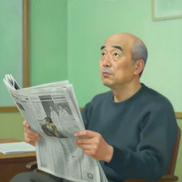 painting of a japanese balding man with gray hair, holding a newspaper and looking up at his room with green hue