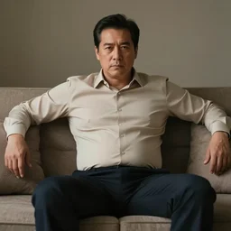 full body photo of steve, mature male, mysterious face. he is a doctor. he is sitting gracefully on a sofa, elegant slim beige shirt, tight shirt, big, firm, soft, bouncy belly