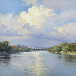 sunny day river landscape light city in cloudy sky, acrilic paint, brush paint, heavenly atmosphere, paint, ultra detailed, beautiful image, resolution, artstation