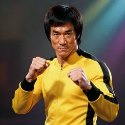Bruce Lee from the Eternals wearing royal yellow and black suit, modeling for Gucci, MMA stance, sigma male, accurately portrayed, portrait art by alphonse mucha and greg rutkowski, highly detailed, digital painting, concept art, illustration, dim lighting with rgb twilight rays of sunlight, trending on artstation, very detailed, smooth, sharp focus, octane render, close up