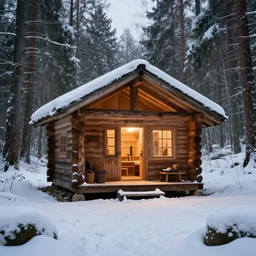 a detailed wooden hut at a clearing in the woods, snowy, light inside the hut, realistic, epic composition, epic lighting, 4 k
