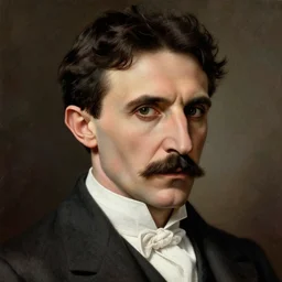 A extremely highly detailed majestic hi-res beautiful head and shoulders painting of Nikola Tesla by Michelangelo Merisi da Caravaggio, high detail, hyperrealistic, photorealistic, octante render, cinematic, high textures, royaltly, royal, hyper sharp, 4k insanely detailed and intricate, hypermaximalist, 8k, hyper realistic, super detailed, 4k HDR hyper realistic high,