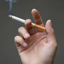 Close-up of thin soft hand holding cigarette, with smoke, hand with five fingers, hyper realistic, high details, photo, super resolution