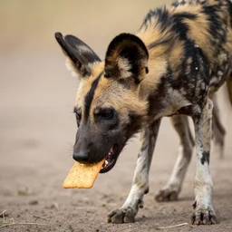 An African Wild dog eating a graham cracker.
