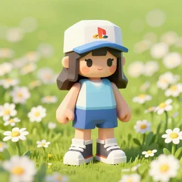 lowpoly ps 1 playstation 1 9 9 9 anthropomorphic lurantis girl standing in a field of daisies wearing converse shoes and a davey crockett hat, digital illustration by ruan jia on artstation