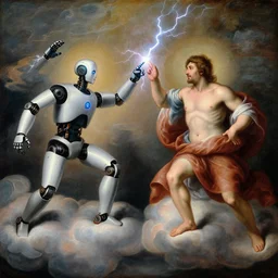 robot touches athletic man on clouds with lightning fingers, inspiring new form of energy into each otther, classical religious painting, 1 6 0 0