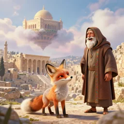a adorable small fox in the huge ruins of the second temple in jerusalem in the distance. the third temple hovers quietly hiding in the dreamy clouds above. a hooded bearded old man in a brown tunic laughing, colorful 8 k, art station, intricate superb details, digital art, cinematic, bokeh dof sky, by jim warren.