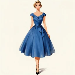 an elegant fashion illustration of a beautiful blue 5 0 s outfit