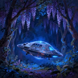 matte painting glowing spaceship in clearing in wisteria Forest at night. Forest is lit by eerie blue glow. Ufo. Digital painting. Beeple. Noah Bradley. Cyril Roland trending on artstation.