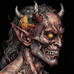 colored demons coming out of human head, detailed intricate ink illustration, dark atmosphere, detailed illustration, hd, 4k, digital art, overdetailed art, by greg rutkowski, by loish, complementing colors, Trending on artstation, deviantart