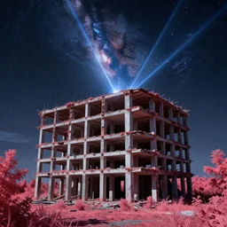 unfinished building by titian, galactic laser nightsky matte painting lightpaint rainy magic realism infrared, archdaily, wallpaper, highly detailed, trending on artstation.