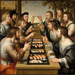 an renaissance painting depicting customers fighting over sushi, masterpiece, historical, battle