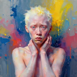abstract digital art, albino model, face symmetry, nice pose, rule of thirds, eye symmetry, colourful oil spray water paint splatters, expressive, abstract art, by greg rutkowski, by jeremy mann, by francoise nielly, 4 k, 8 k, correct body proportion, cinematic color style, expressive sad face, albino model