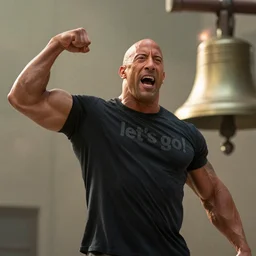 vin diesel as dwayne johnson flexing and yelling let's go!, brass bell visible in the background on his right, low perspective, isometric perspective, cinematic still, movie still, long lens, shallow depth of field, bokeh, anamorphic lens flare, 8 k, hyper detailed, 3 5 mm film grain