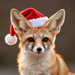a close up, studio colour photograph of a fennec fox wearing a santa hat, dramatic backlighting at golden hour, 4k