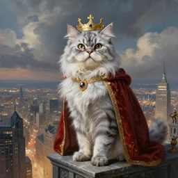 a fantasy painting of an anthropomorphic silver! brindle persian cat!!!!!! with owl's eyes, as a renaissance king, standing on a skyscraper overlooking a vast city, cinematic, beautiful lighting, dramatic