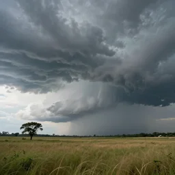 an incoming Super-Cell storm in a plain grassy field with few trees, wide, concept art