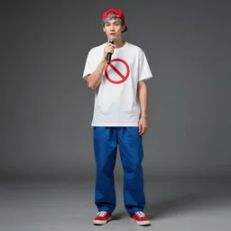 a full body shot of an average white, short young - adult man with blue dyed hair holding a microphone, wearing a red backwards cap, white t - shirt with a red no symbol on it, blue long pants and red shoes