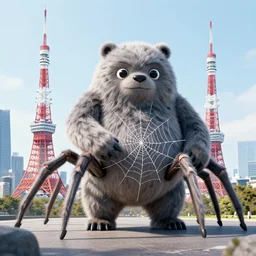 a massive furby with human spider legs weaving a web over tokyo drawn by junji ito, demonic, black and white