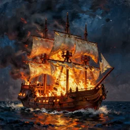 pirate ship burning in the sea, at night with storm, oil painting